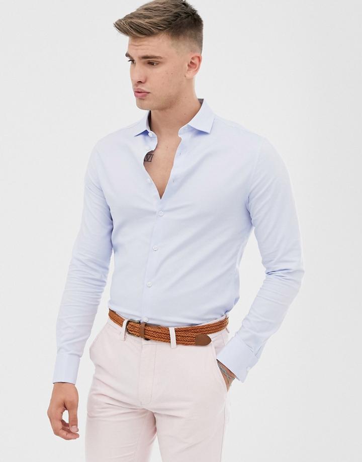 Asos Design Slim Fit Textured Shirt With Double Cuff & Spread Collar-blue