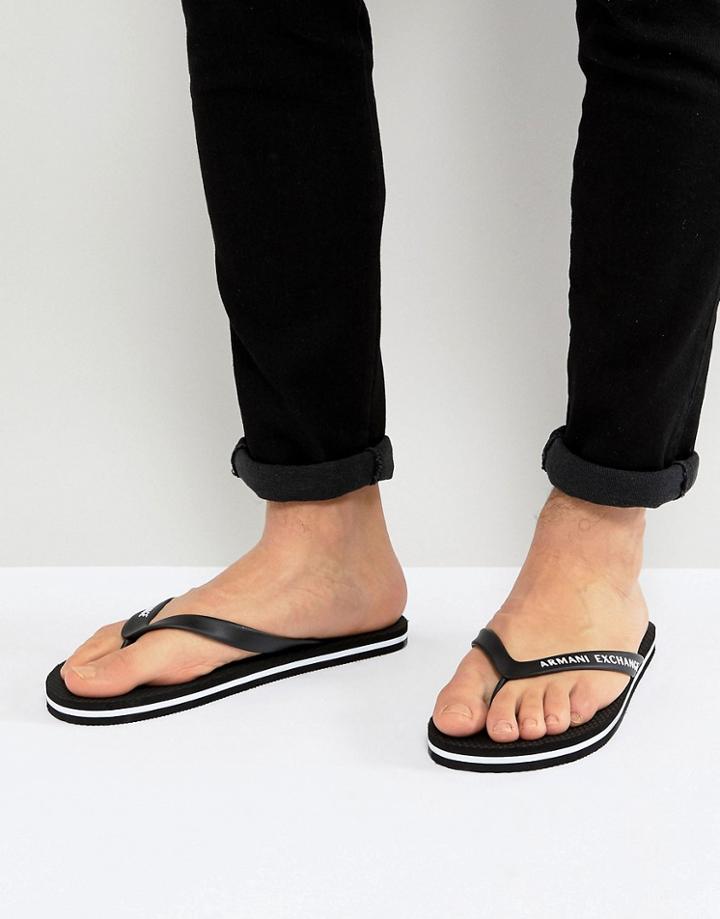 Armani Exchange Logo Flip Flops In Black - Black