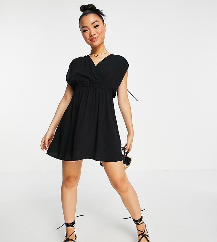 Asos Design Petite Gathered Detail Mini Beach Dress In Black - Black