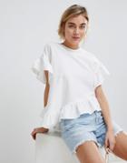 Asos Design Asymmetric Ruffle Hem Tee In Linen - Cream