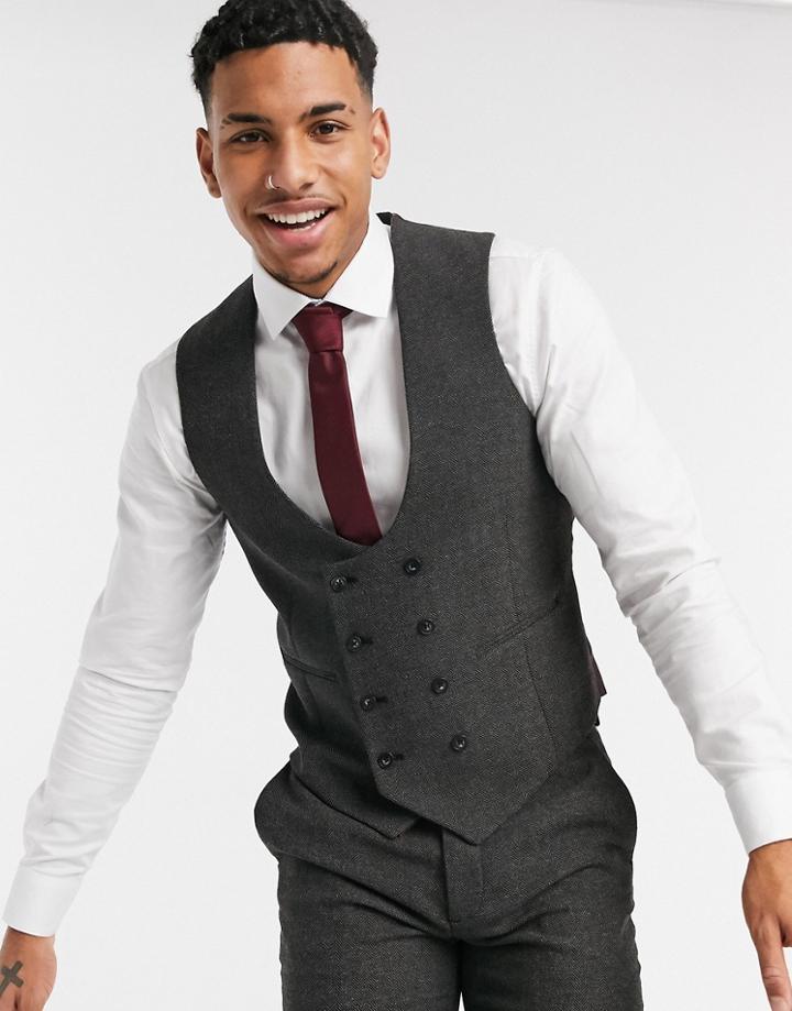 Asos Design Wedding Super Skinny Wool Mix Suit Suit Vest In Charcoal Herringbone-gray