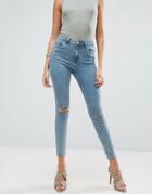 Asos Ridley Skinny Jeans In Etta Greyed Blue Wash With Reverse Stepped Hem - Blue