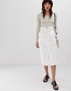 Neon Rose Belted Midi Skirt With Frayed Hem In Denim - White