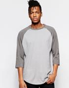 Asos Oversized 3/4 Sleeve T-shirt With Contrast Raglan And Curved Hem In Gray - Gray