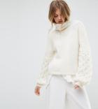 Oneon Hand Knitted Textured Sleeve Sweater - White