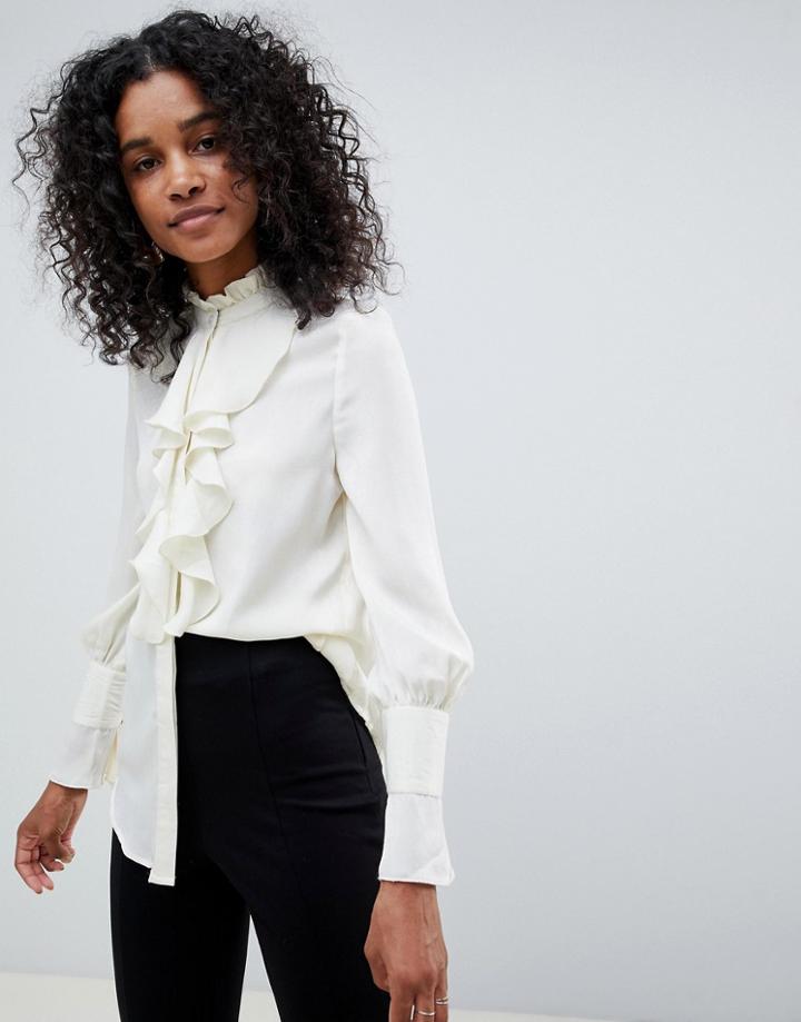 Unique 21 Satin Shirt With Frill - Cream