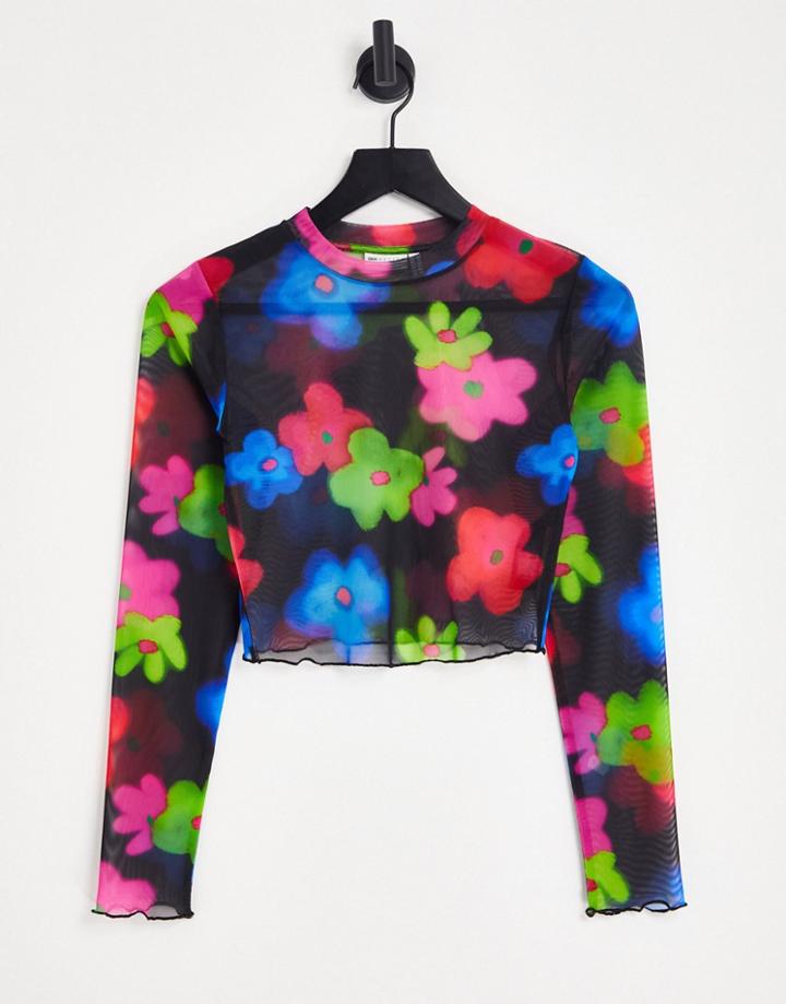 Asos Design Mesh Top In Bright Flower Print In Black
