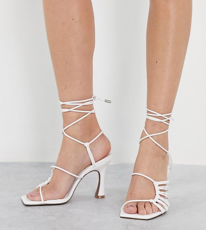 Asos Design Wide Fit Herald Knotted Caged Tie Leg Mid Heeled Sandals In White