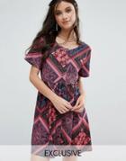 Sisters Of The Tribe Button Down Tea Dress In Geo Floral Print - Multi