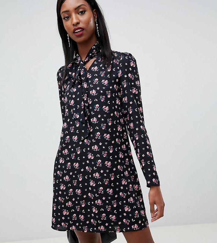 Fashion Union Tall Tie Neck Swing Dress In Dark Floral-black