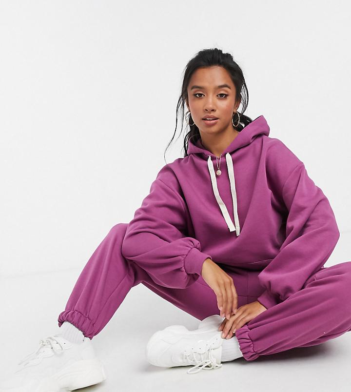 Asos Design Petite Tracksuit Oversized Hoodie With Contrast Ties / Oversized Sweatpants In Berry-red