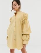 Ghospell Oversized Mini Dress With Puff Sleeves-yellow
