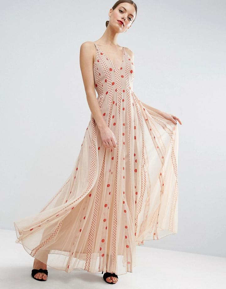 Asos Spot Cami Mesh Fit And Flare Maxi Dress - Beige