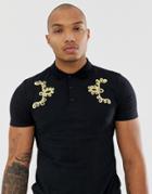 Asos Design Polo Shirt With Gold Taping In Black - Black