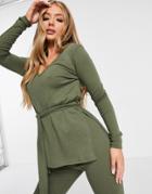 Missguided Long Sleeve T-shirt And Legging Set With Tie Waist Detail In Khaki-green