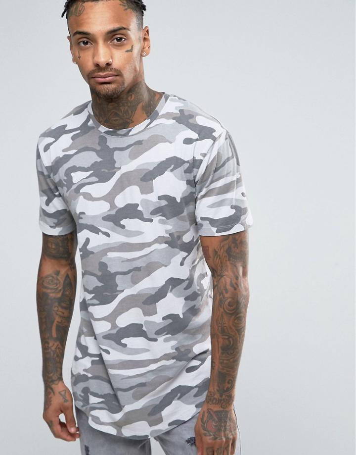 Only & Sons Longline T-shirt With Curved Hem In Camo - Gray