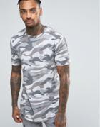 Only & Sons Longline T-shirt With Curved Hem In Camo - Gray