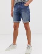 Asos Design Denim Shorts In Slim Mid Wash With Abrasions-blue