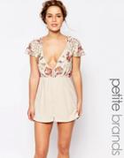 Maya Petite Romper With Embellished Top And Plunge Neck - Nude