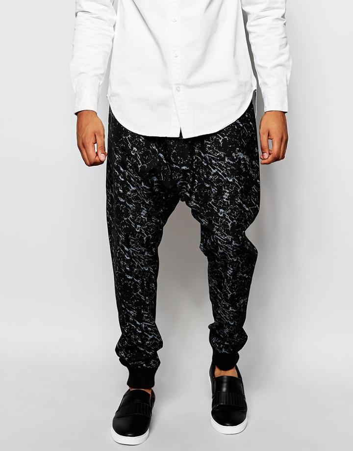 Asos Drop Crotch Cuffed Smart Joggers With Print - Black