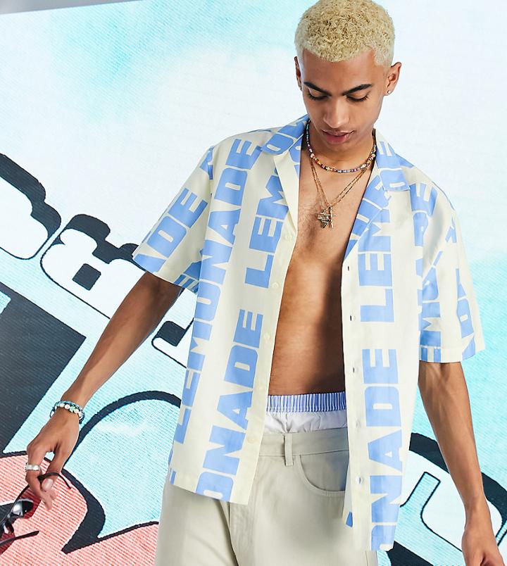 Collusion Boxy Revere Shirt With All Over Text Print-multi