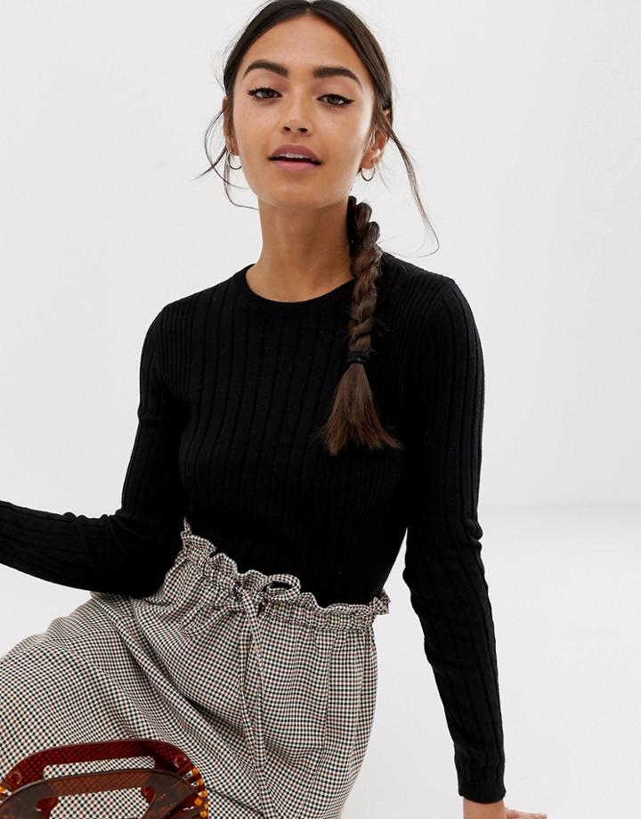 Bershka Lightweight Wide Rib Sweater In Black - Black