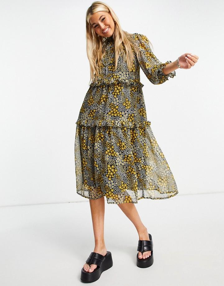 Violet Romance Tiered Midaxi Dress In Floral Print With Shirring-multi
