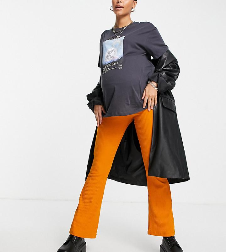 Asos Design Rib Kick Flare Pant In Mustard Orange