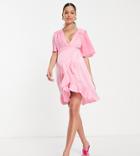 Flounce London Maternity Wrap Front Mini Dress With Flutter Sleeves In Pink Satin