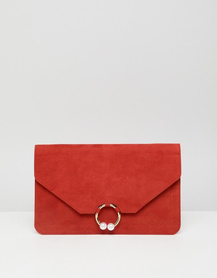 Asos Design Clutch Bag With Ring Pearl Detail-orange