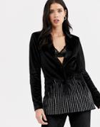 Fashion Union Velvet Tuxedo Coord With Rhinestone Scattered Trim-black