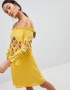 Parisian Off Shoulder Embroidered Dress - Yellow