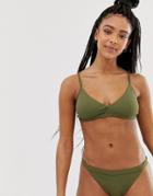 Weekday Ribbed Triangle Bikini Top In Khaki-green