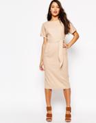 Asos Belted Wiggle Dress In Linen - Nude