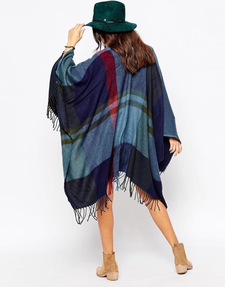 Esprit Color Block Check Festival Cape - Gray Blue