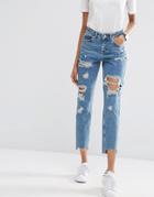 Asos Original Mom Jeans In Jana Mid Stonewash With Busts And Stepped Hem - Blue