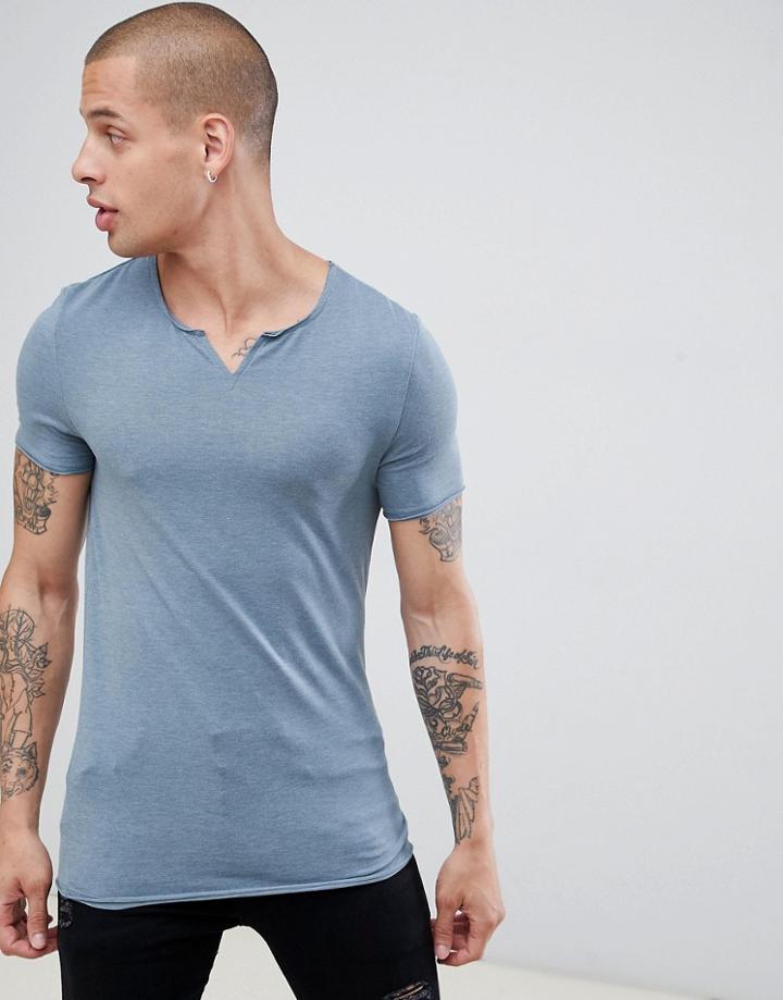 Asos Design Muscle Fit T-shirt With Raw Notch Neck In Blue - Blue