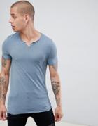 Asos Design Muscle Fit T-shirt With Raw Notch Neck In Blue - Blue