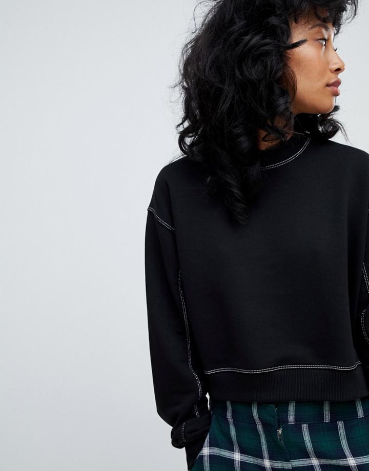 Pull & Bear Contrast Stitch Sweat Top In Black - Black
