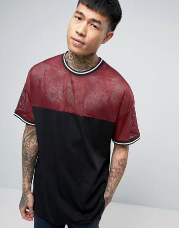 Asos Oversized T-shirt With Heavy Mesh Yoke And Monocrome Tipped Sleeve - Black