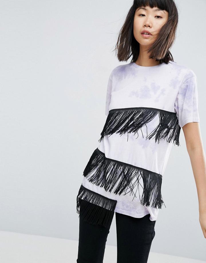 Asos T-shirt In Tie Dye With Fringe Detail - Multi