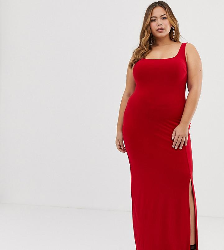 Club L Plus Square Neck Detail Slinky Maxi Dress - Red