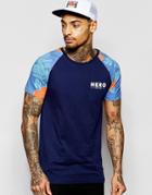 Hero's Heroine Raglan T-shirt With Floral Sleeves - Navy
