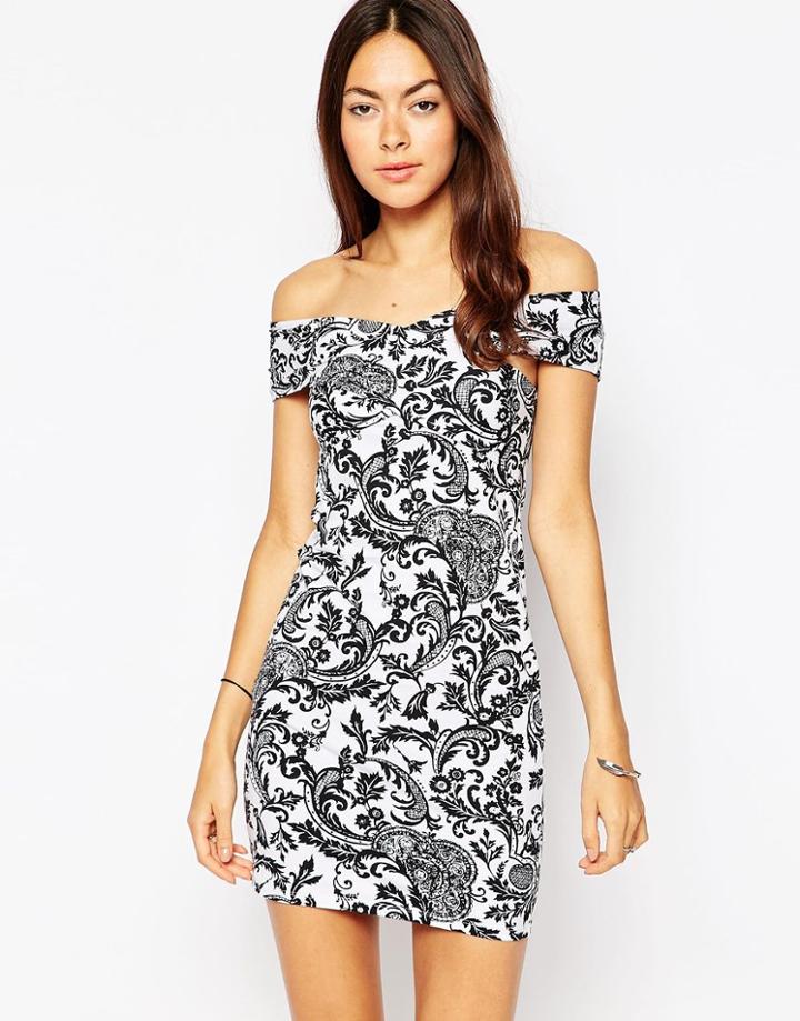 Motel Miranda Body-conscious Dress N Paisley Print - Paisley White Black