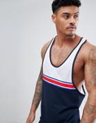 Asos Design Extreme Racer Back Tank In Interest Fabric With Color Block And Taping In Navy - Navy