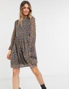 Pieces Mini Smock Dress With Volume Sheer Sleeve In Ditsy Floral-multi
