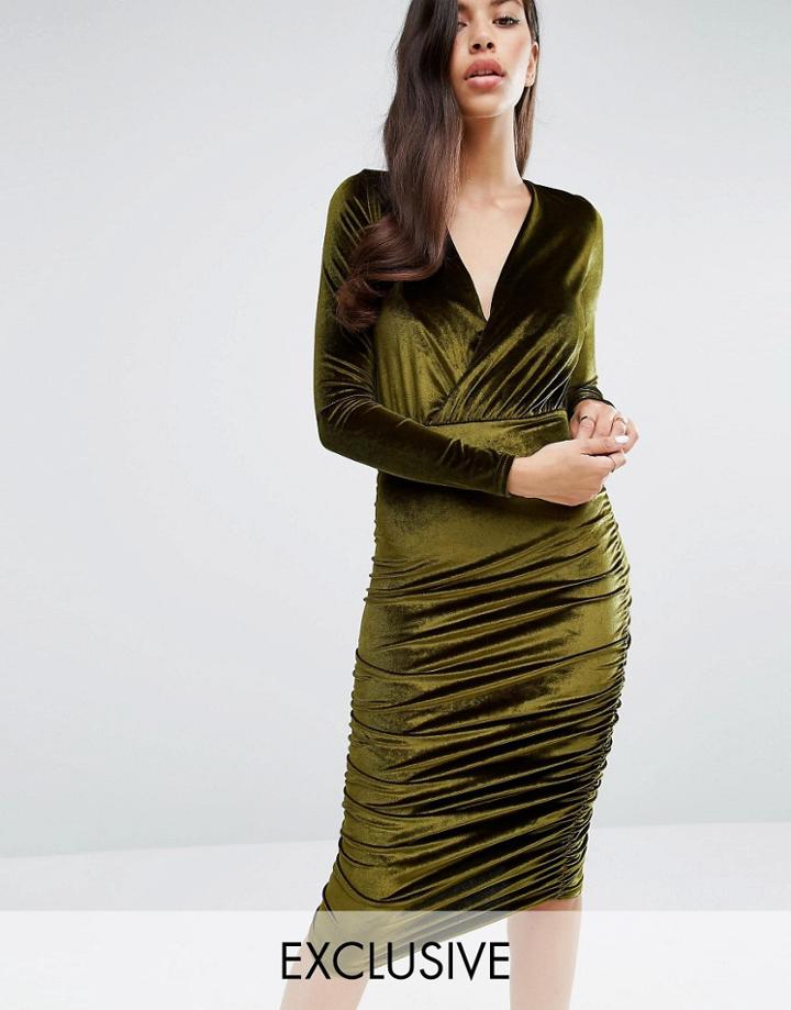 Club L Wrap Front Velvet Midi Dress - Green