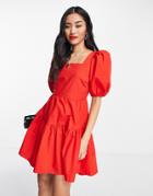 Miss Selfridge Poplin Tiered Strappy Back Mini Dress In Red