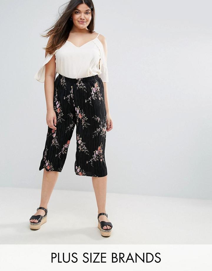 New Look Plus Floral Plisse Crop Pants - Black