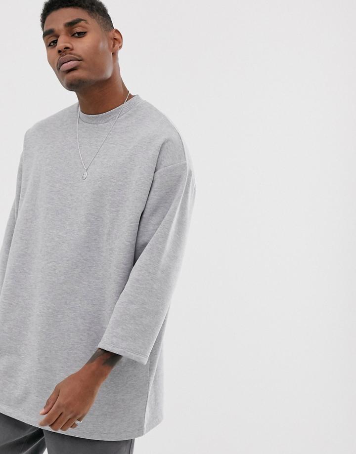 Asos Design Oversized Longline Sweatshirt With 3/4 Sleeves In Gray Marl